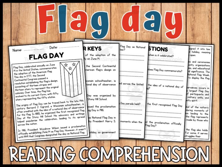 Flag Day Reading Comprehension June Comprehensive Worksheets