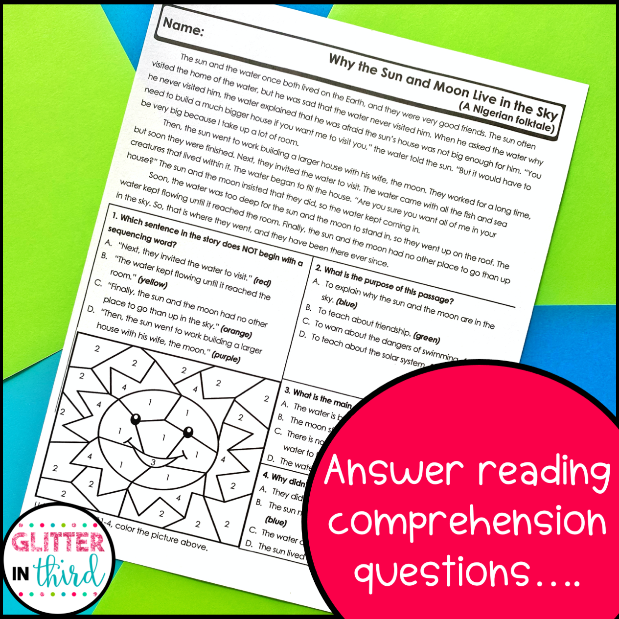 Folktales Color By Number Worksheet Glitter In Third