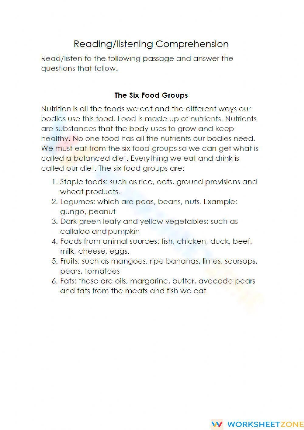 Food Groups Reading Comprehension Worksheets