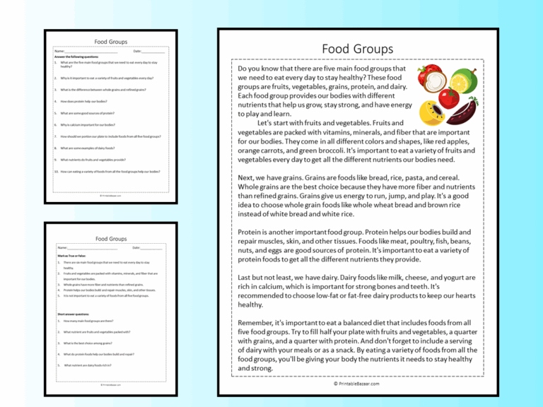 Food Groups Reading Comprehension Passage Printable Worksheet Teaching Resources