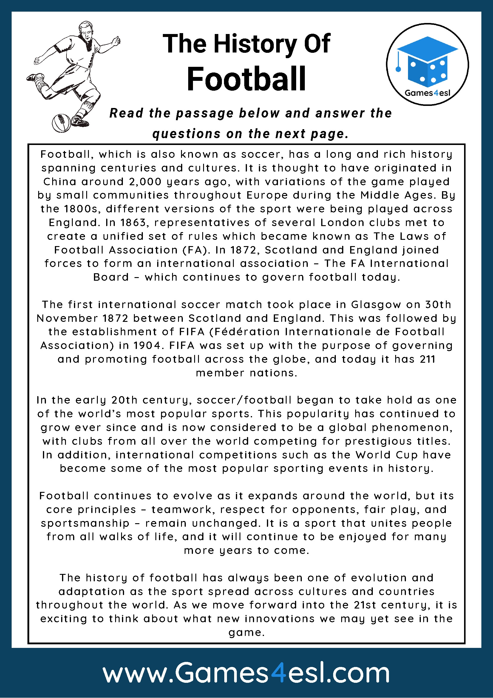 Football Reading Comprehension Worksheet Games4esl