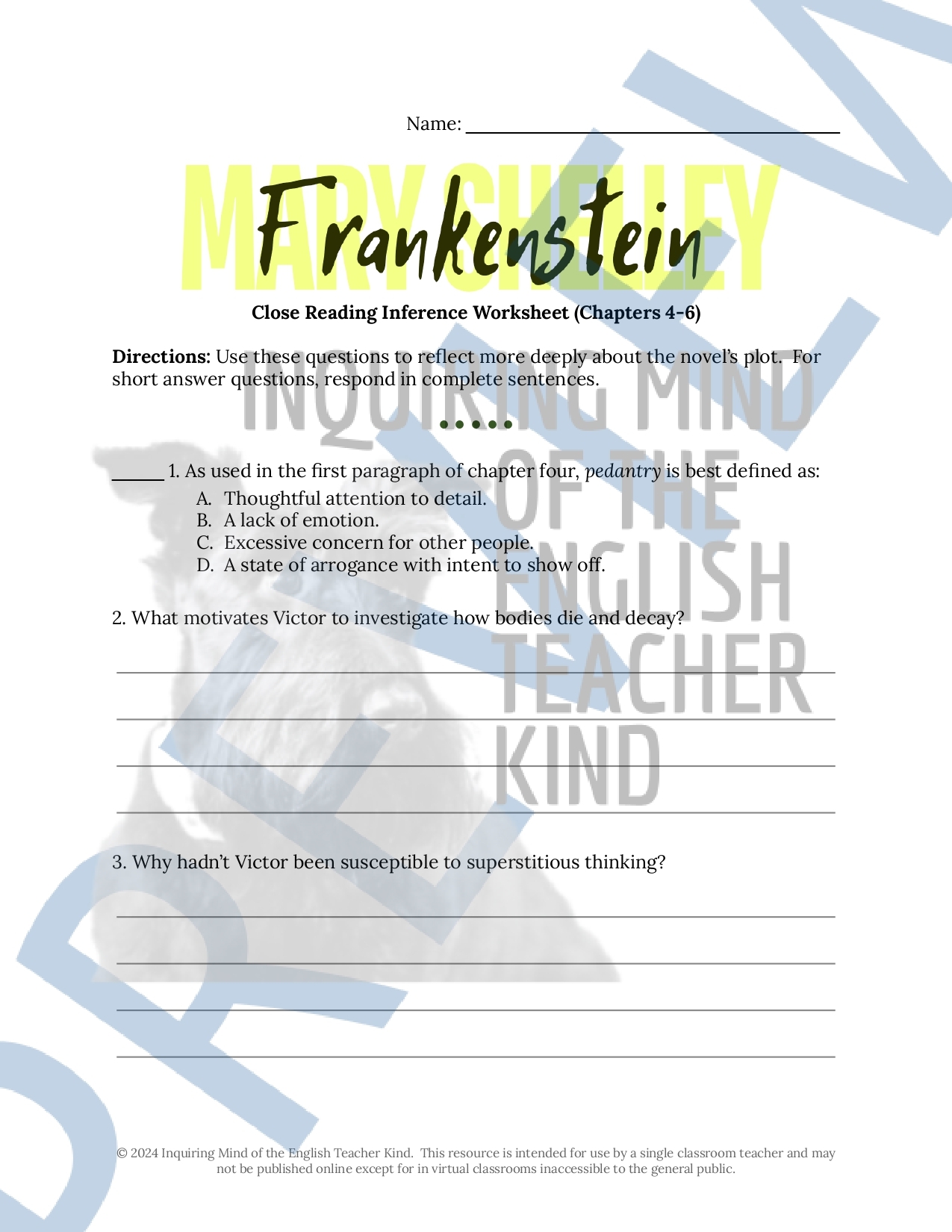 Frankenstein Chapters 4 Through 6 Close Reading Inference Worksheet Made By Teachers