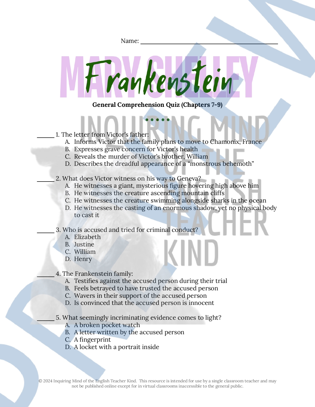 Frankenstein Chapters 7 Through 9 Quiz And Answer Key Made By Teachers