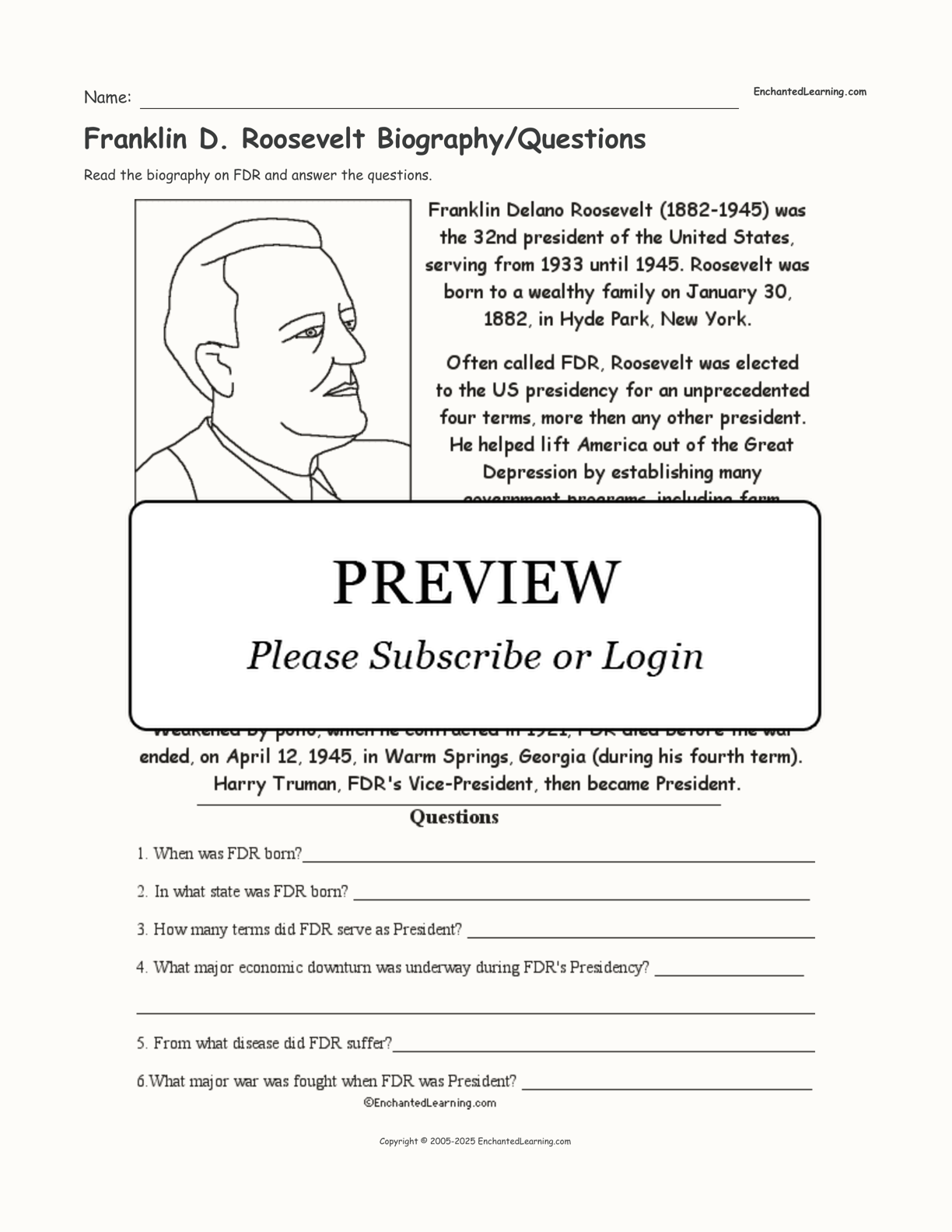 Franklin D Roosevelt Biography Questions Enchanted Learning