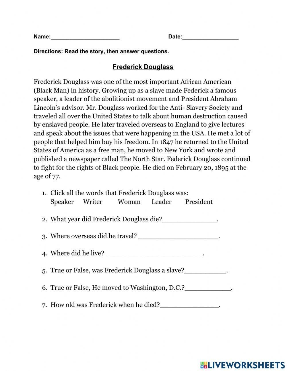 Frederick Douglass Biography Reading Comprehension Passage Worksheets Library