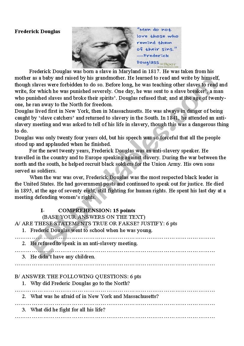 Frederick Douglass ESL Worksheet By Lemhanisaid