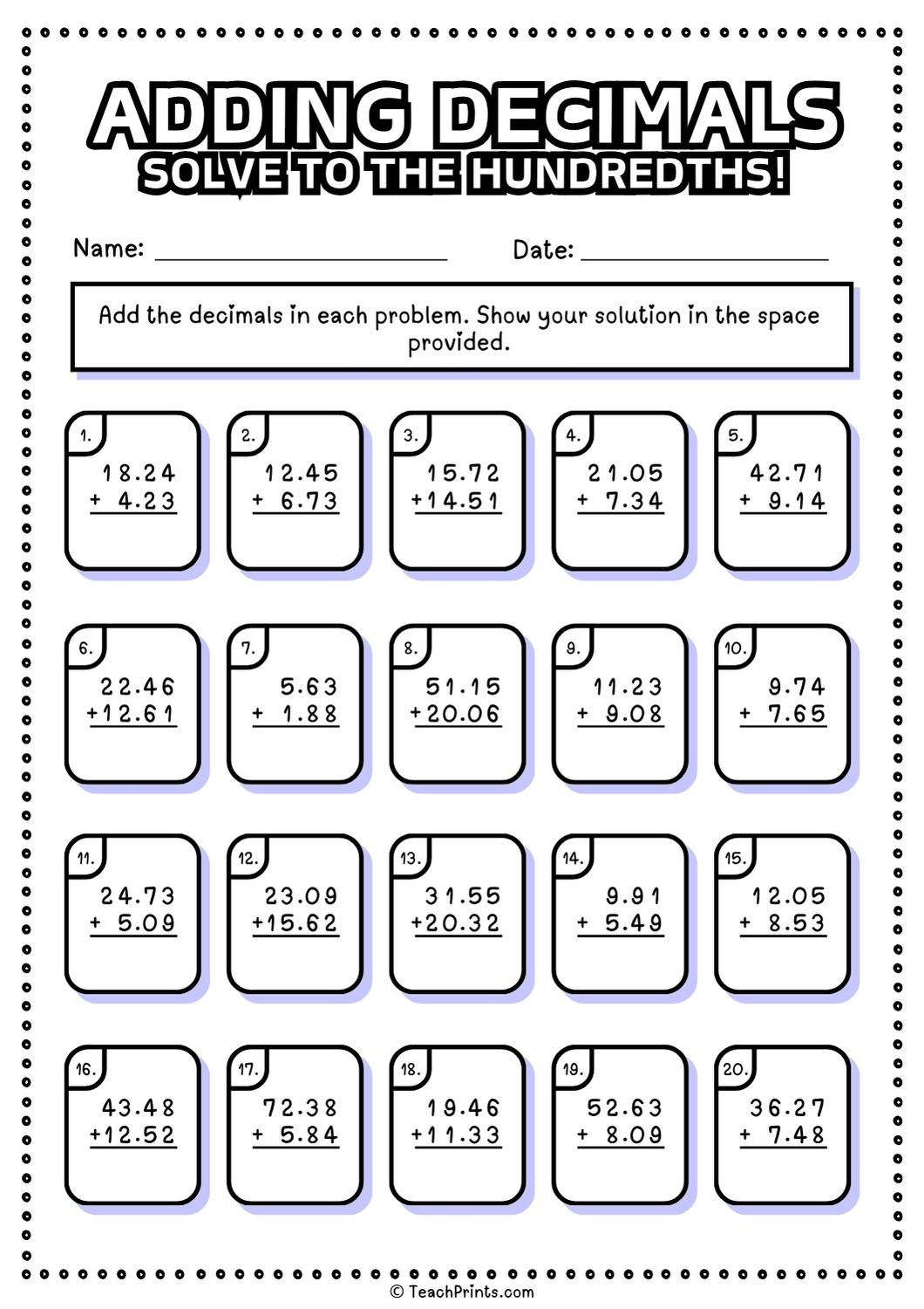 Free Adding Decimals Worksheets Teach Prints