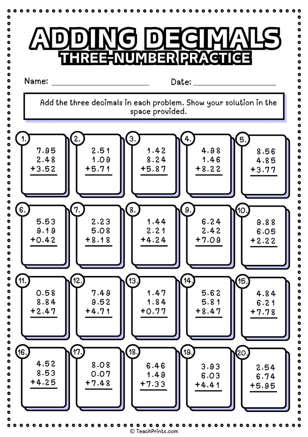 Free Adding Decimals Worksheets Teach Prints