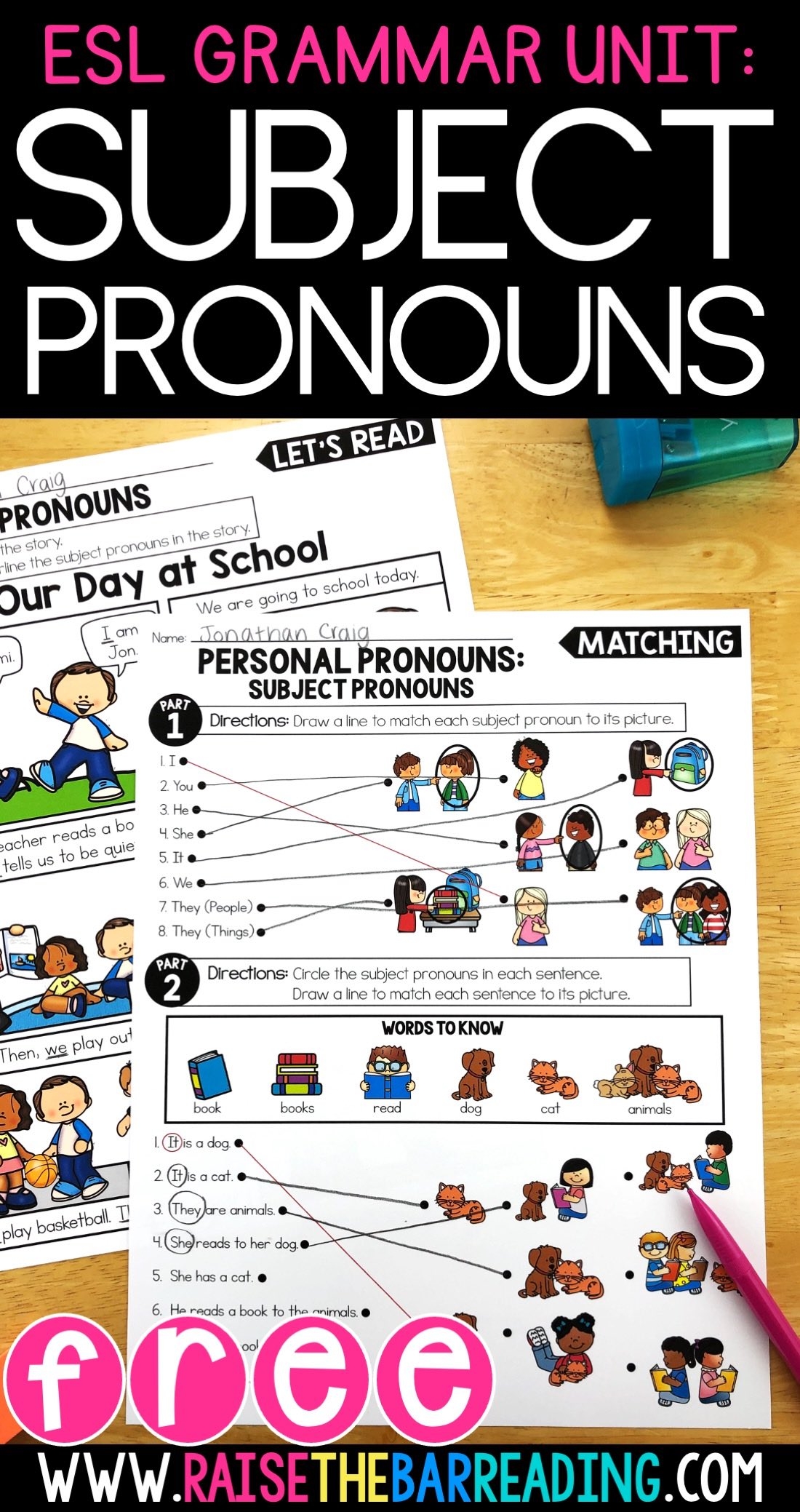 Free ESL Subject Pronoun Grammar Worksheets Printable Raise The 