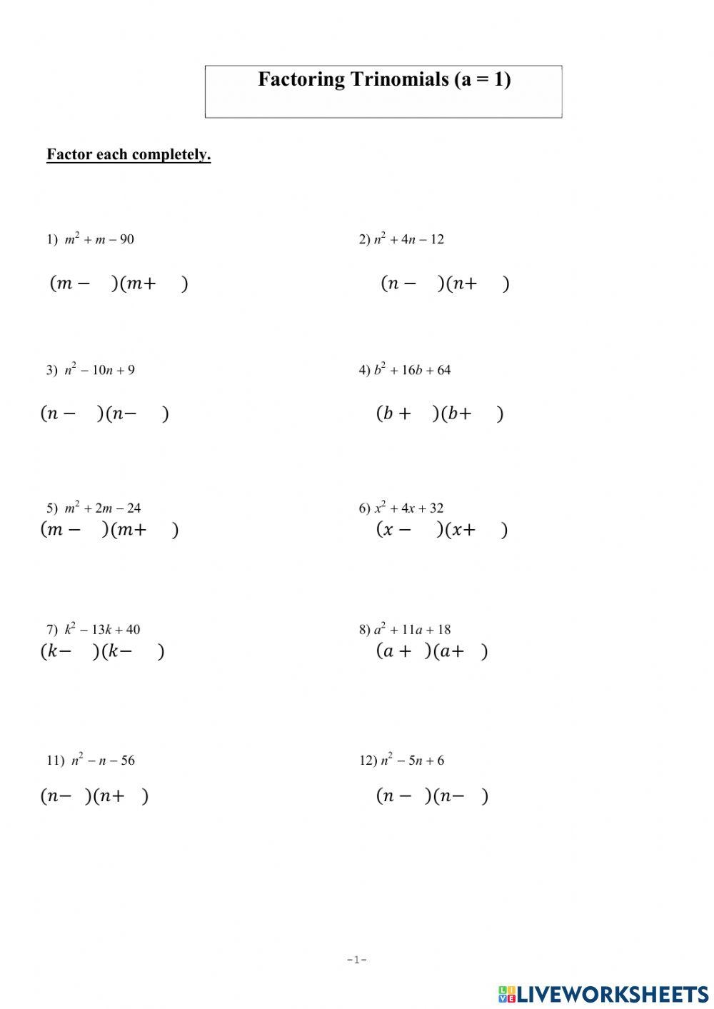 Free Factoring Trinomials Practice Worksheet Download Free Factoring Trinomials Practice Worksheet Png Images Free Worksheets On Clipart Library