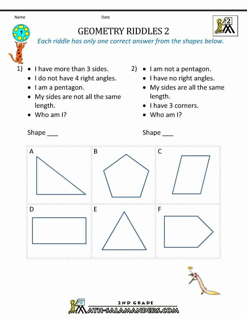 Free Printable Grade 2 Geometry Worksheets