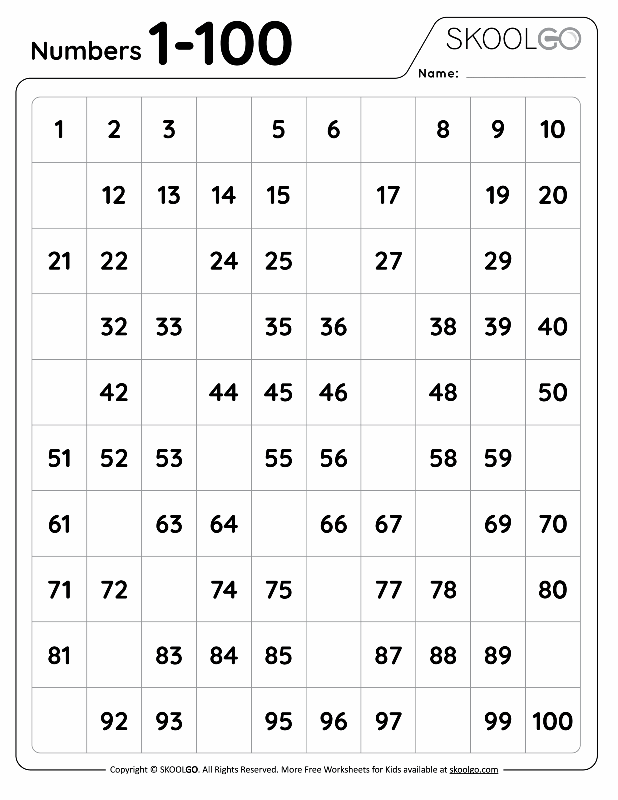 Free Kindergarten Worksheet Numbers 1 100 Download Free 
