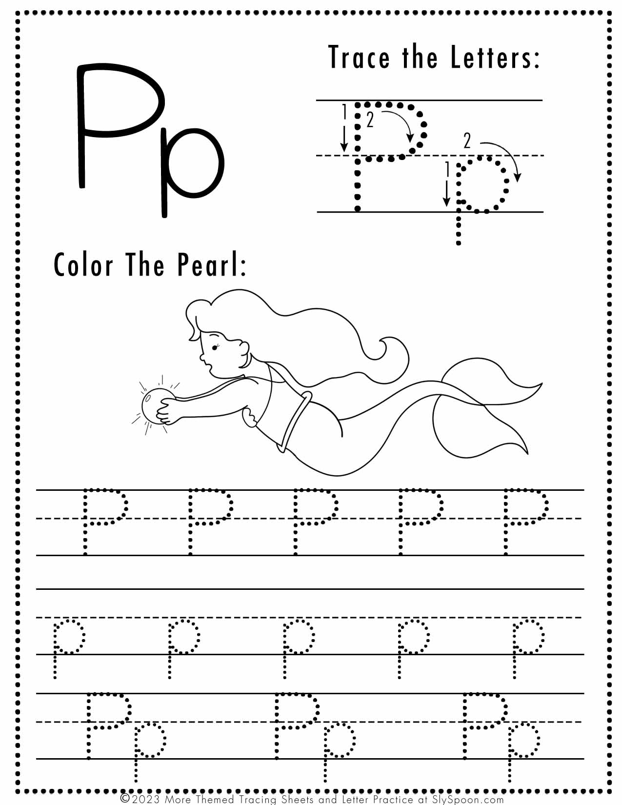Free Letter P Tracing Worksheet Printable Mermaid Themed Sly Spoon