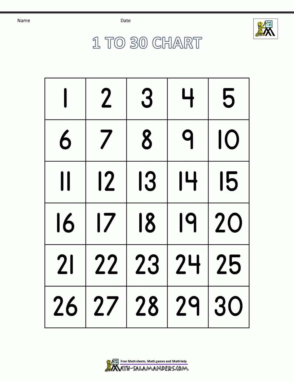 Free Number Chart 1 30 Worksheets Library
