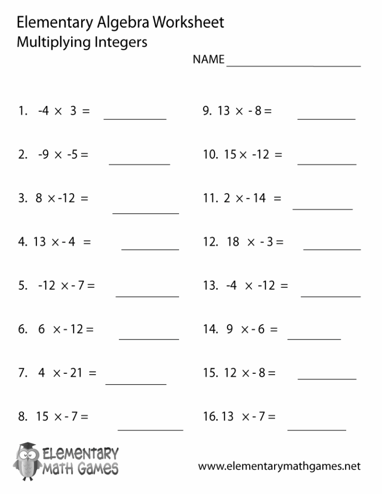 Free Printable Algebra Multiply Integers Worksheet