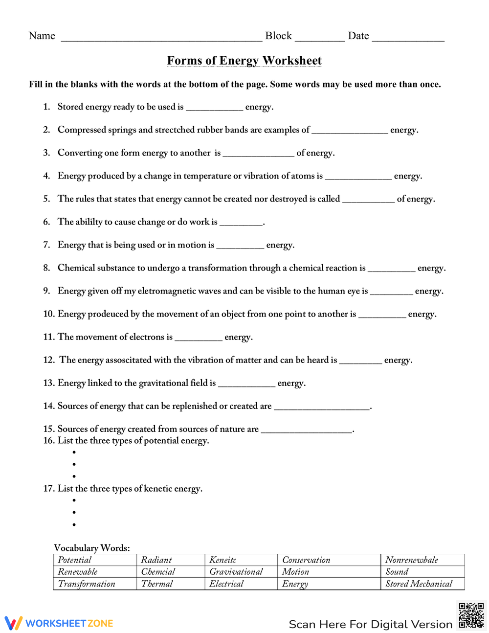 Free Printable Forms Of Energy Worksheet Collection Worksheets Library
