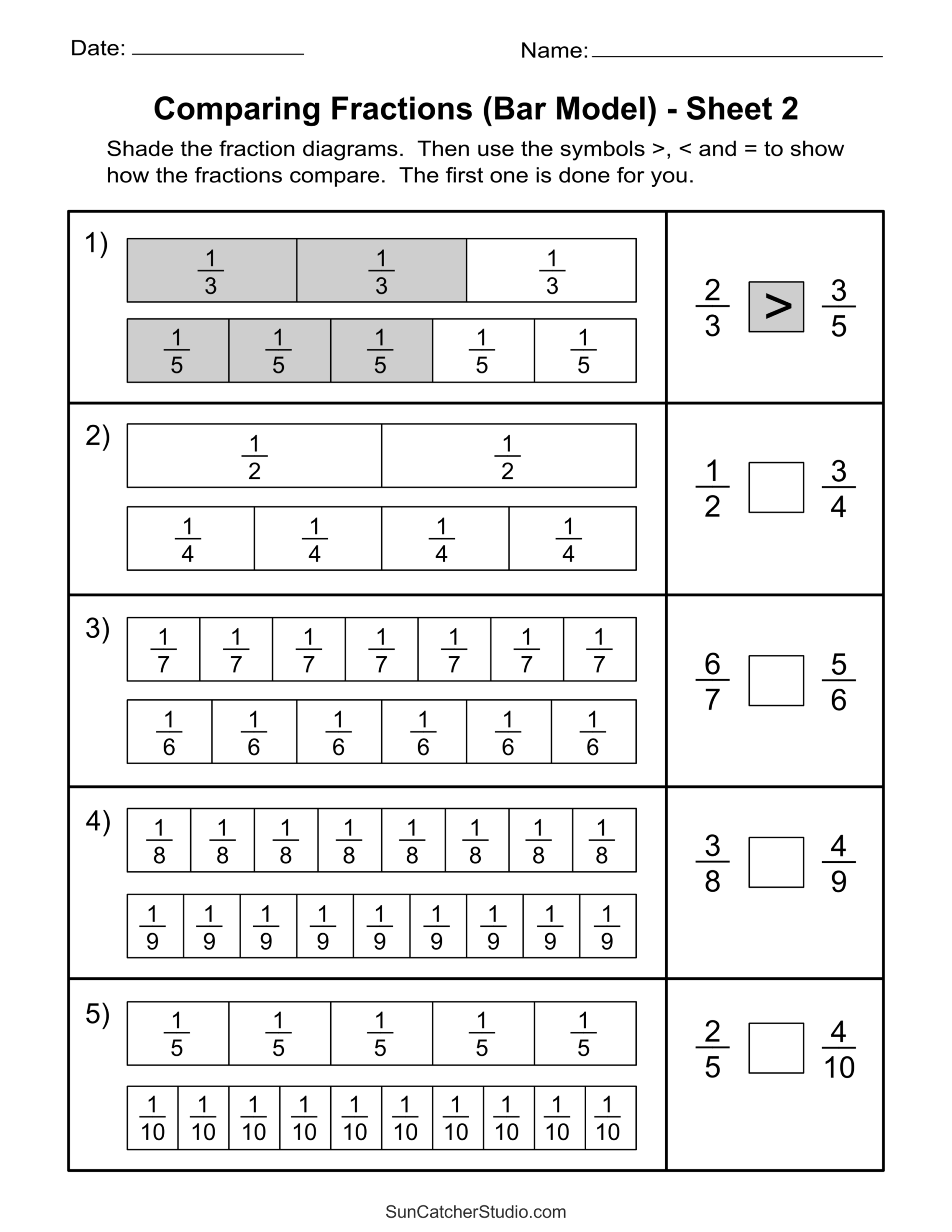Free Printable Fractions Worksheets Comparing U0026 Identifying 
