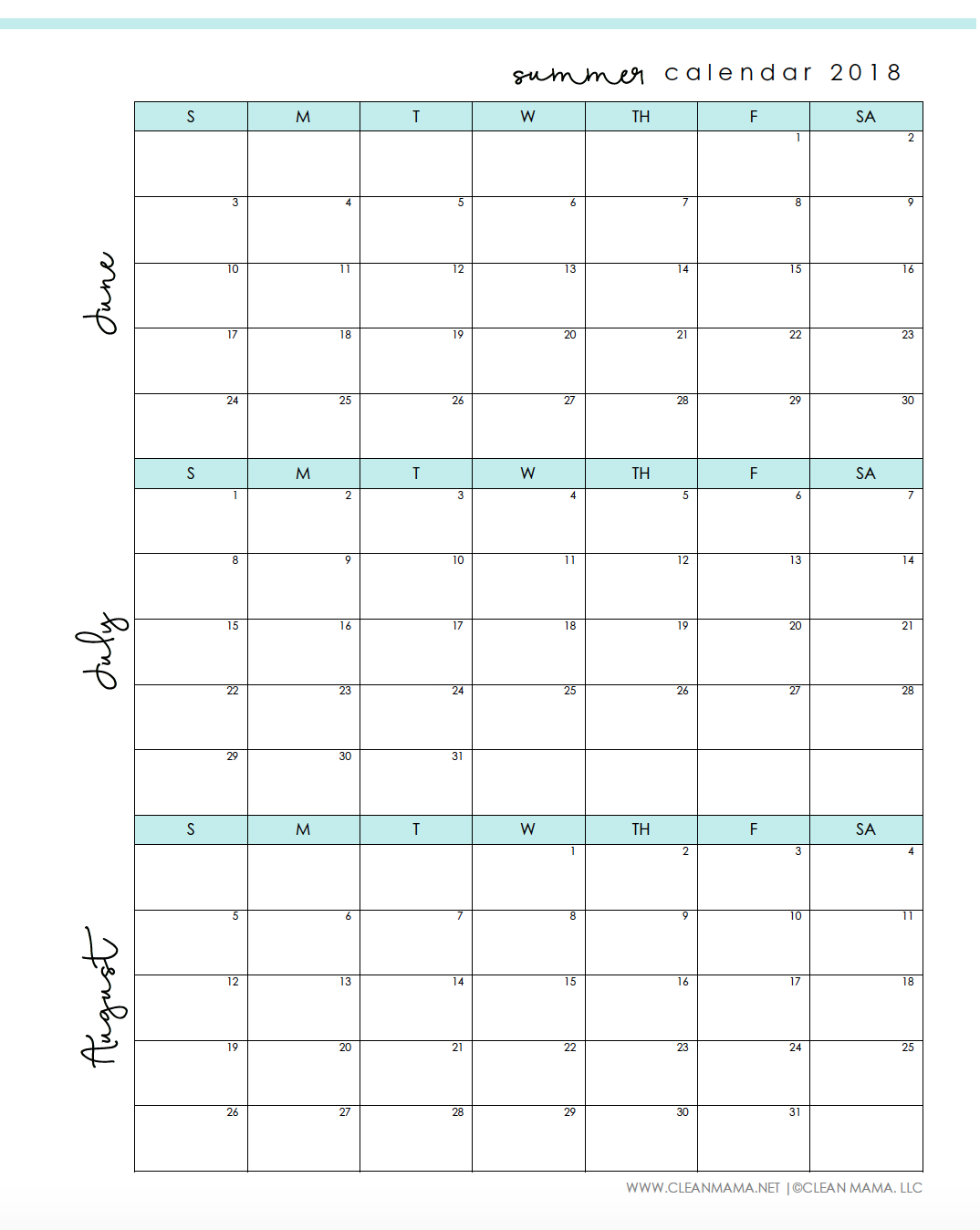 Free Printable Summer 2018 Calendar Clean Mama