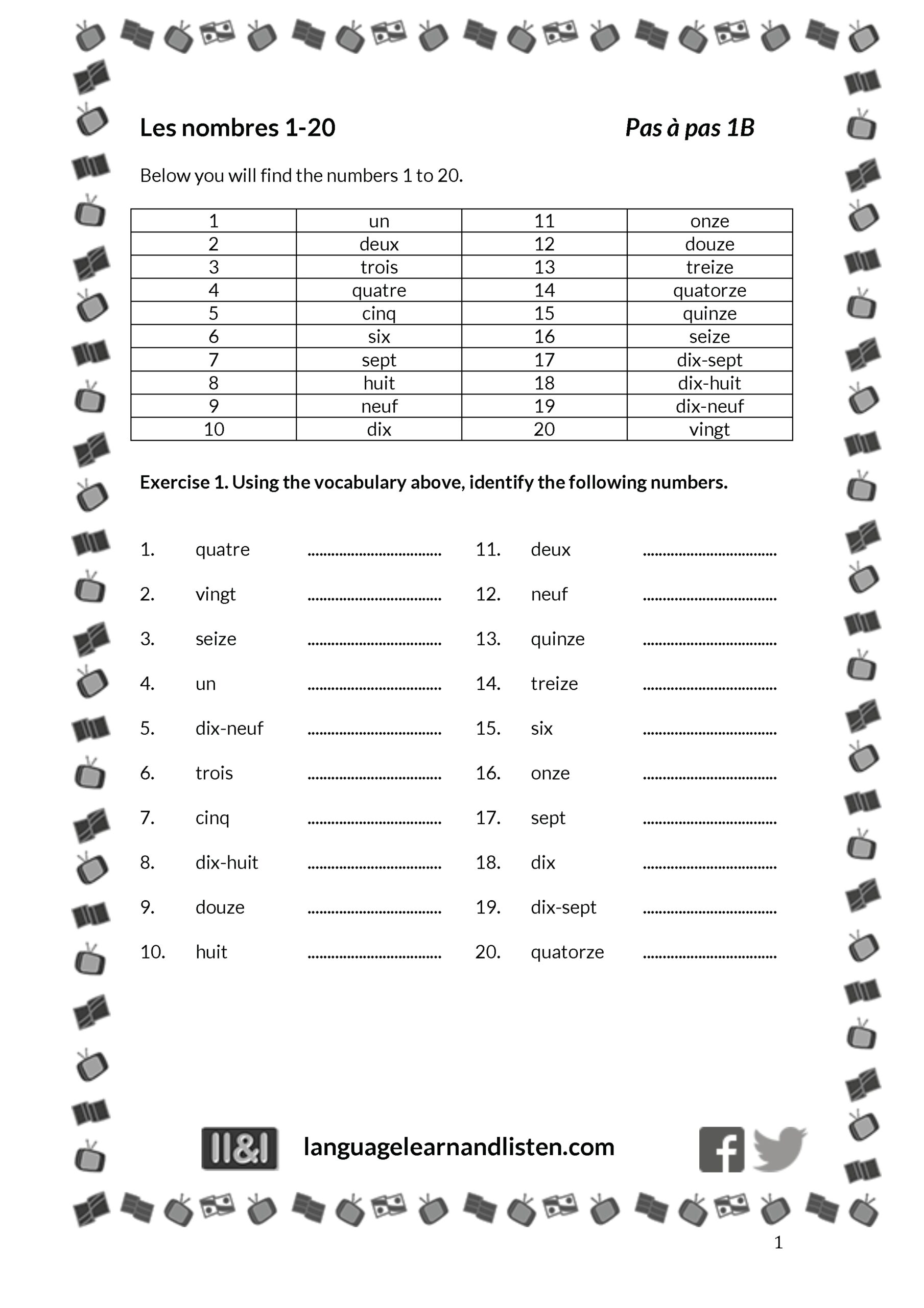 French Numbers 1 20