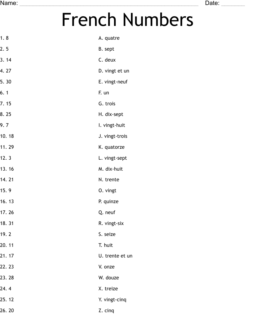 Free Printable French Numbers Worksheet