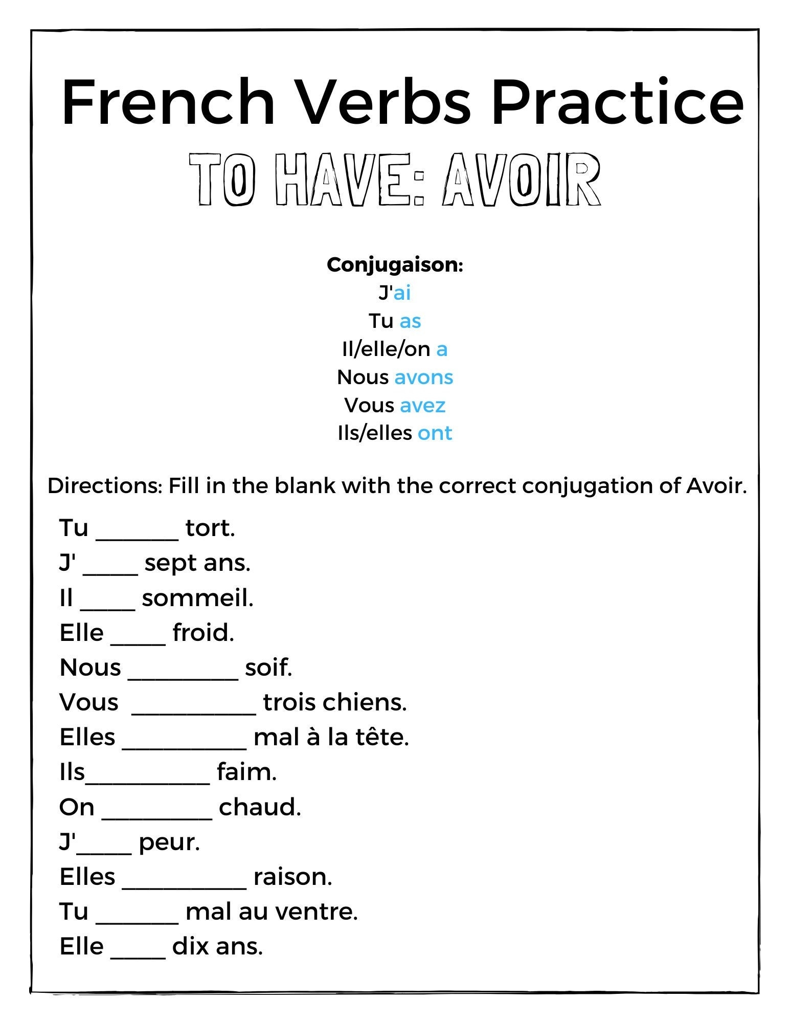 Free French Verb Worksheets Printable