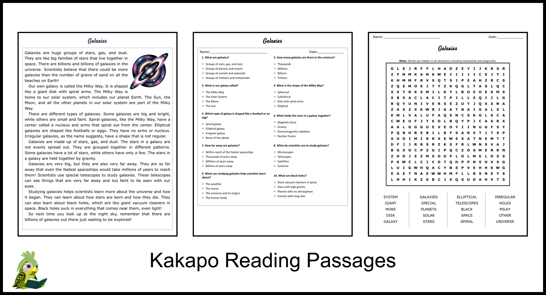Galaxies Reading Comprehension And Word Search Teaching Resources