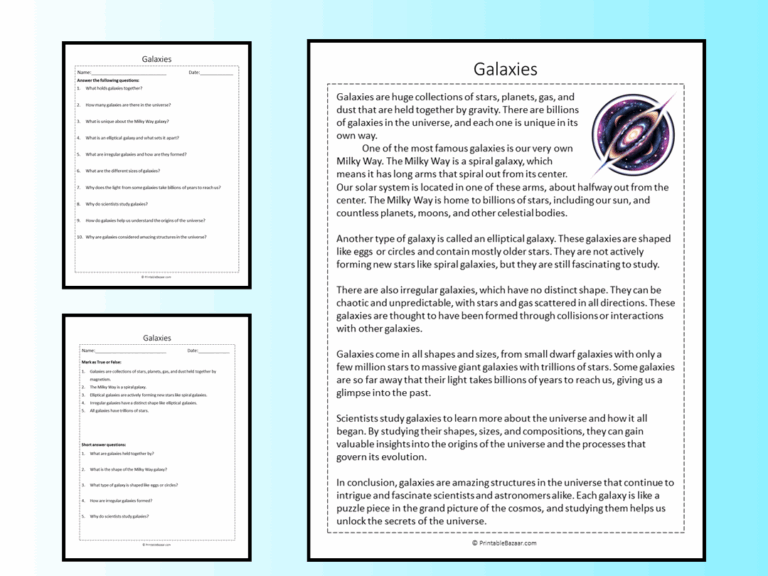 Galaxies Reading Comprehension Passage Printable Worksheet Teaching Resources