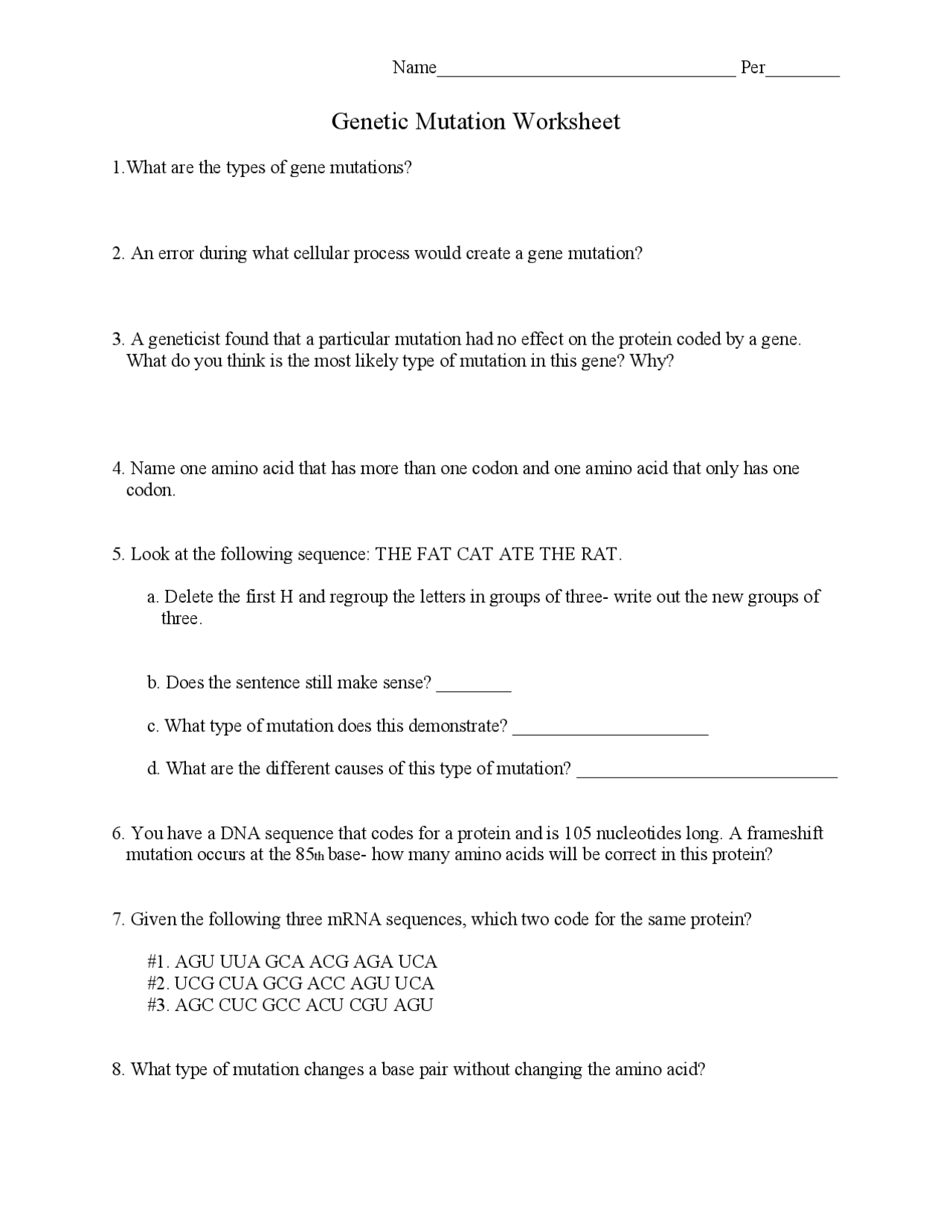 Genetic Mutations Worksheet Pdf Exercises Genetics Docsity