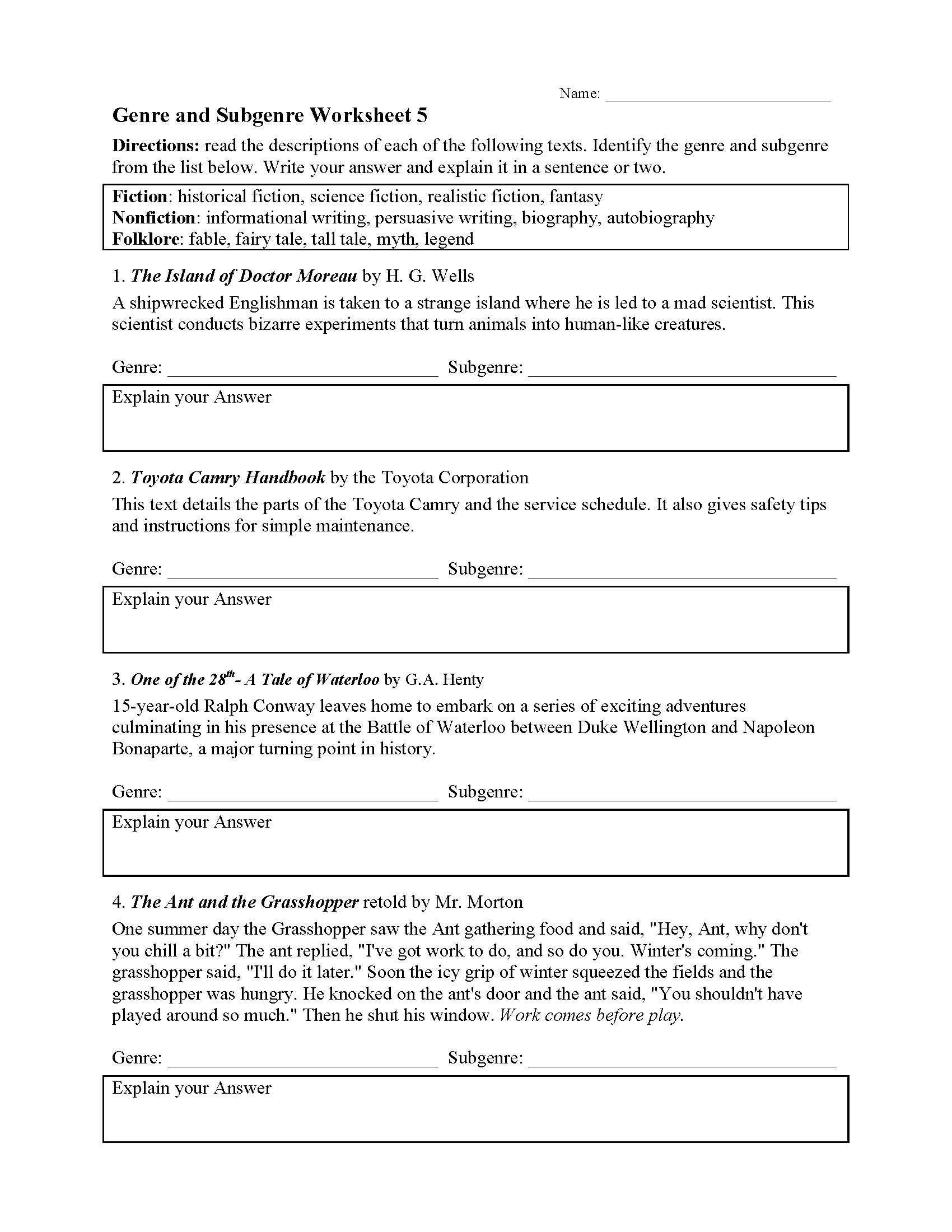 Genre Worksheet 5 Reading Activity