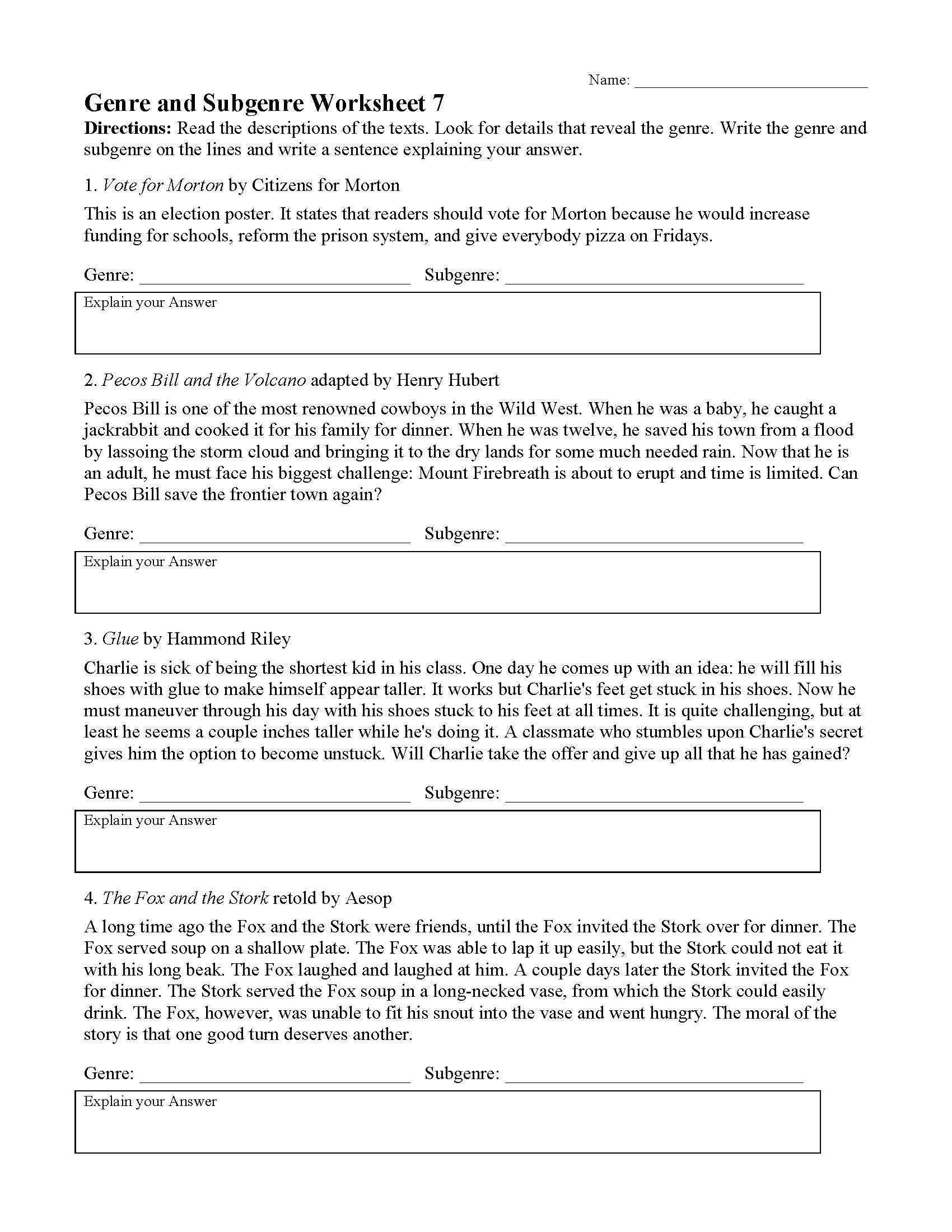 Genre Worksheet 7 Reading Activity