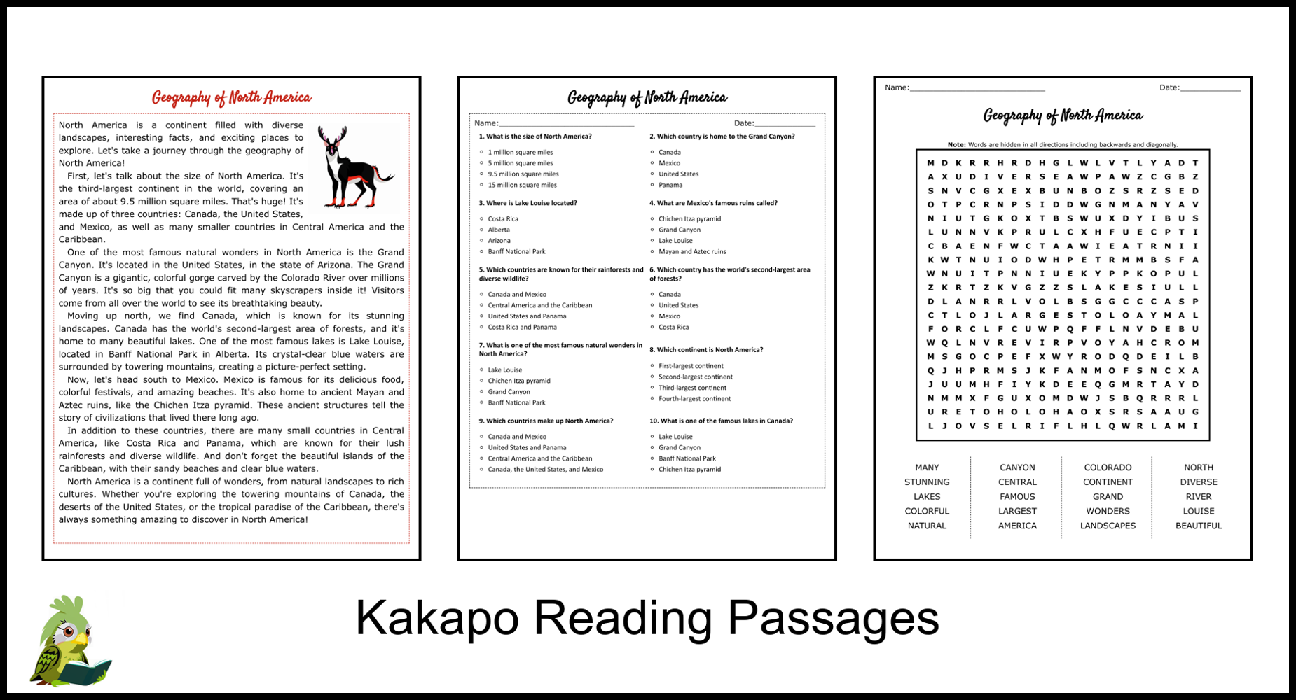 Geography Of North America Reading Comprehension And Word Search Teaching Resources