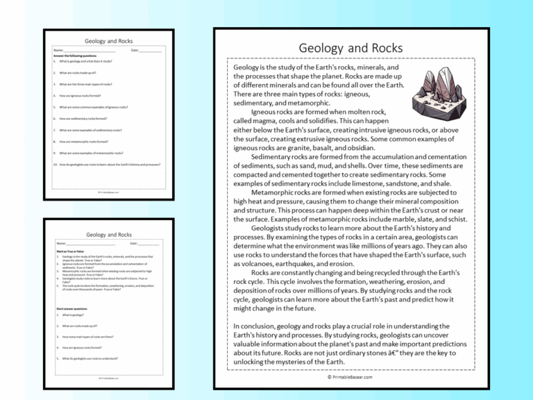 Geology And Rocks Reading Comprehension Passage Printable 