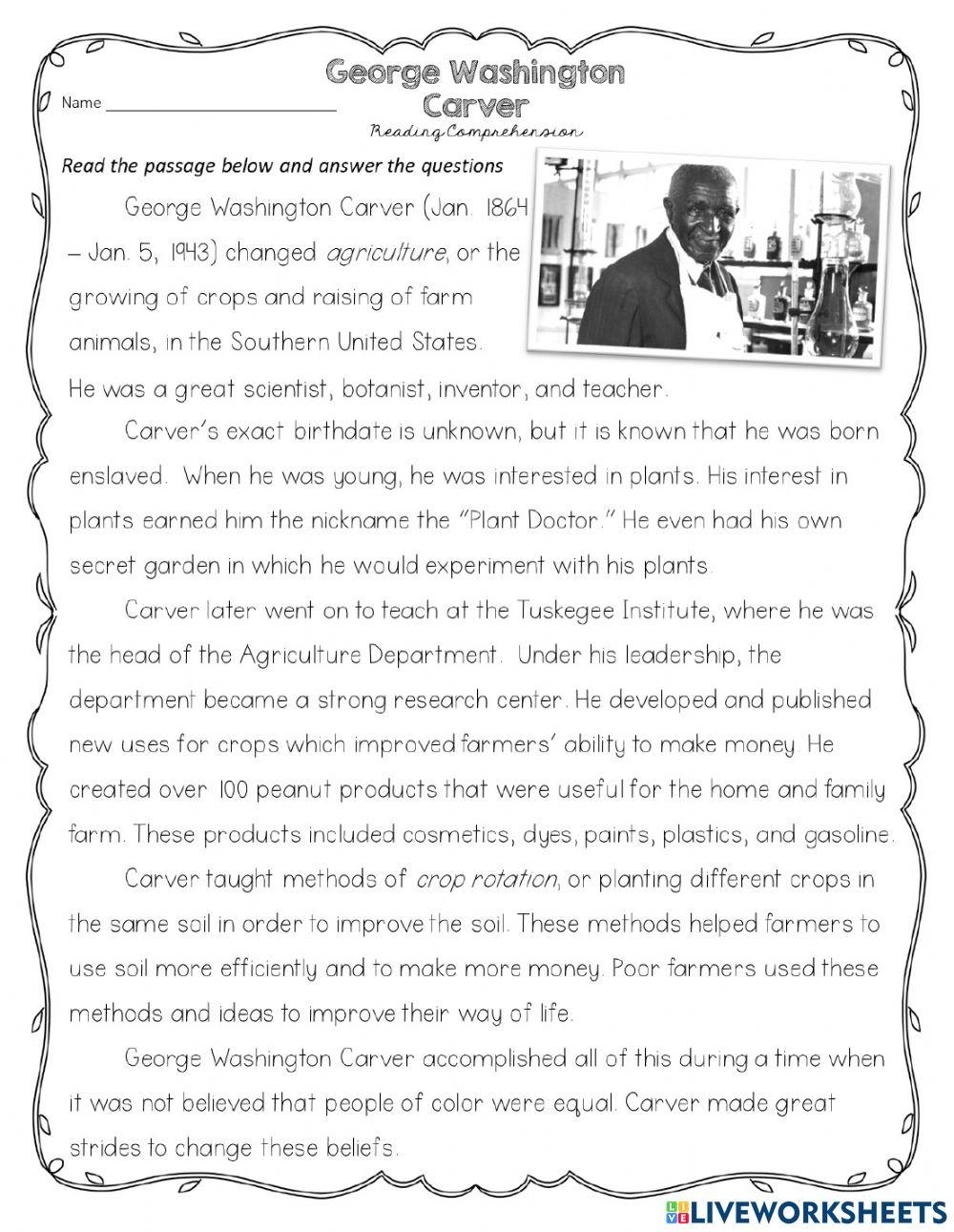 George Washington Reading Comprehension Worksheets