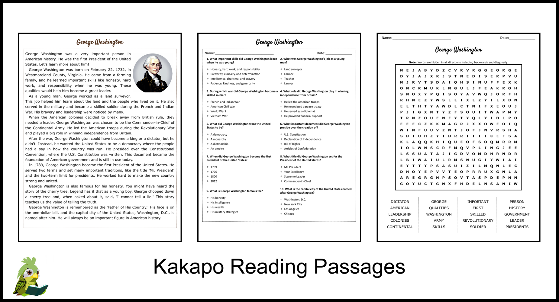 George Washington Reading Comprehension And Word Search Teaching Resources
