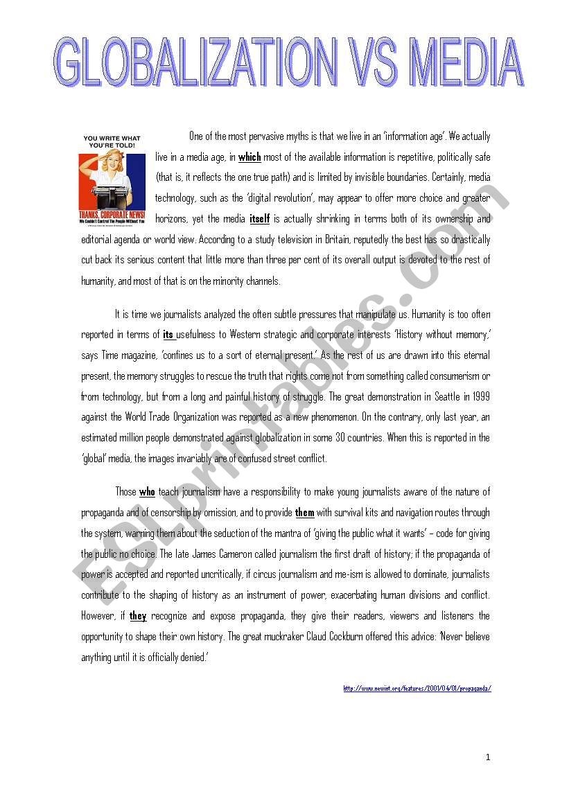 GLOBALIZATION VS MEDIA ESL Worksheet By Ascincoquinas