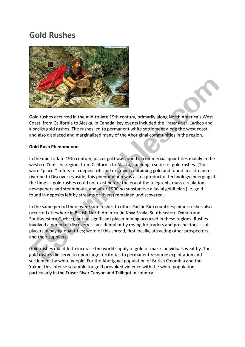 Gold Rushes ESL Worksheet By Jana ilgova gmail