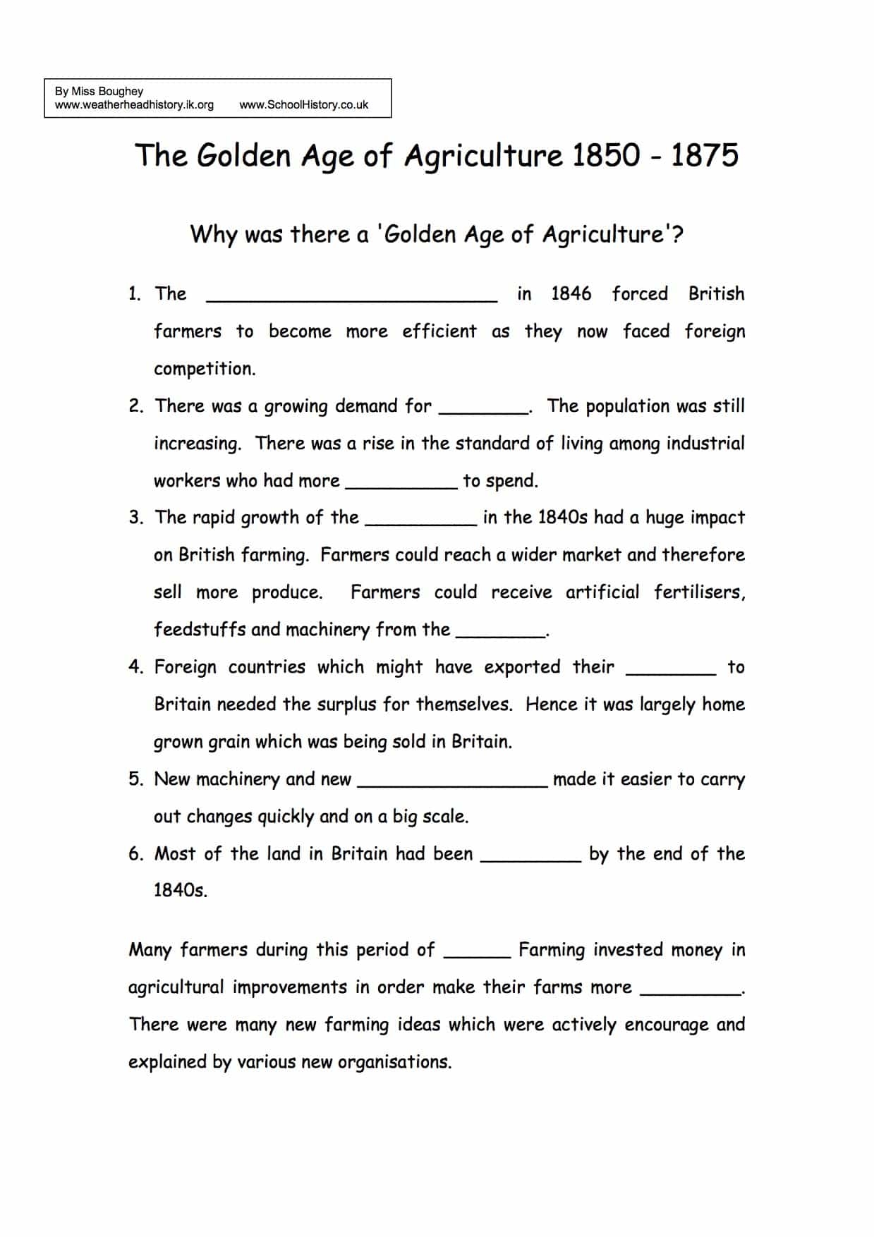 Golden Age Of Agriculture Assessment GCSE Free PDF Worksheet Worksheets Library