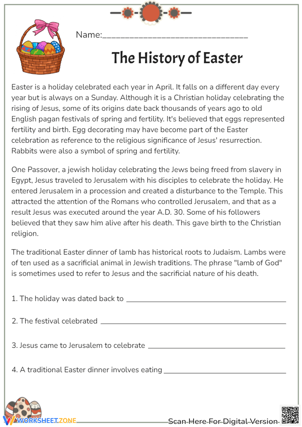 4th Grade Easter Reading Comprehension Worksheets