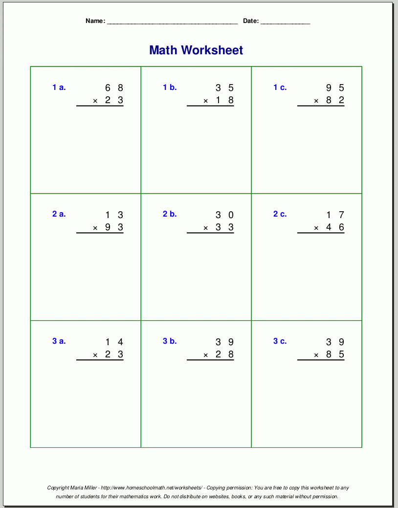 Free Printable Long Multiplication Worksheets