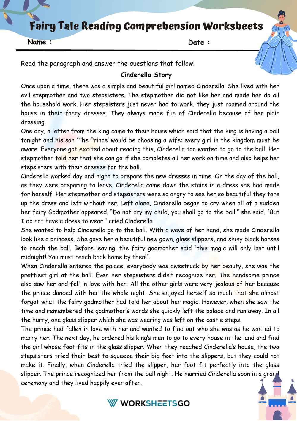 Cinderella Reading Comprehension Worksheets
