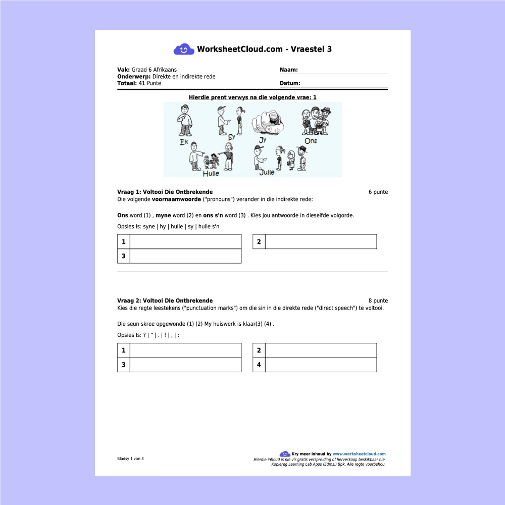 Grade 6 Afrikaans Pack WorksheetCloud