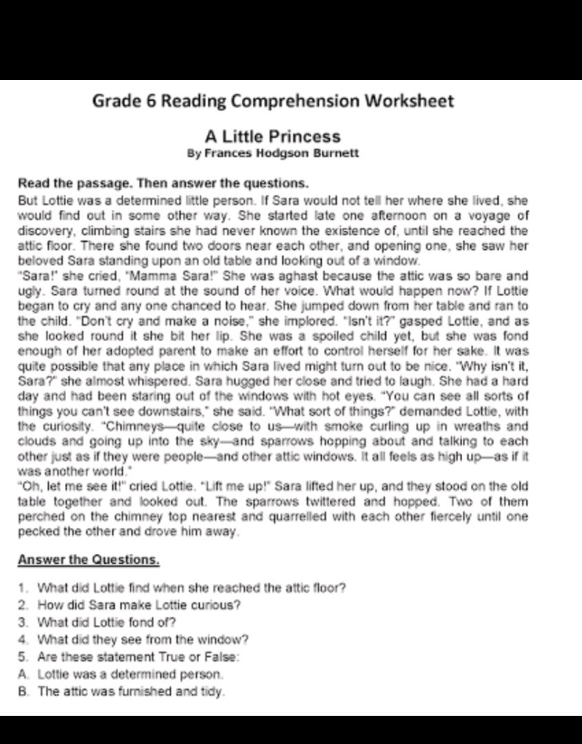 Grade 6 Reading Comprehension Worksheet A StudyX