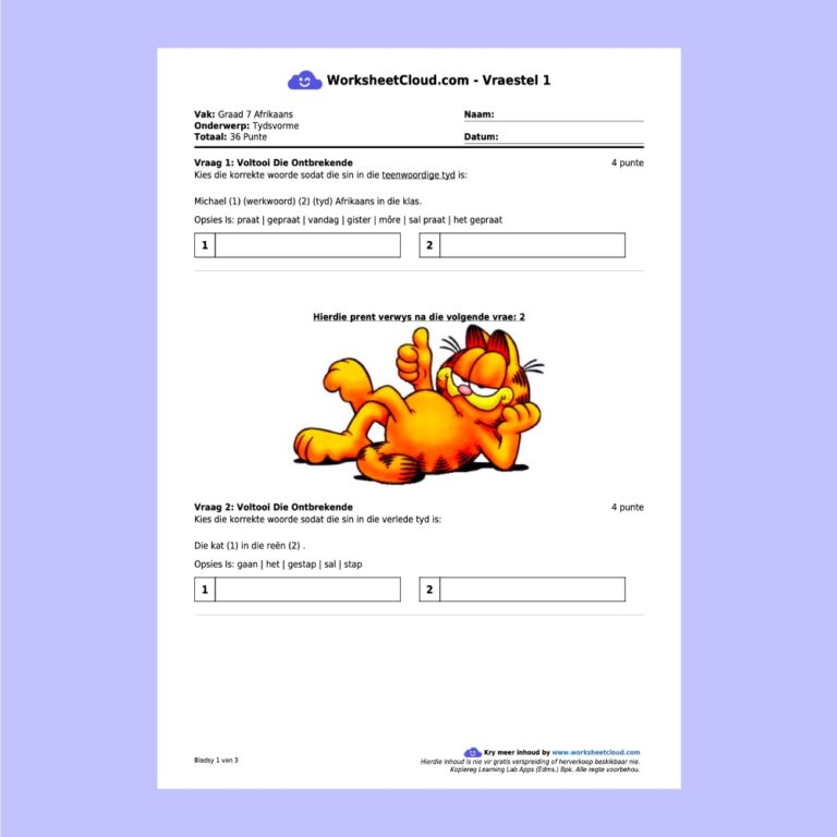 Grade 7 Afrikaans Pack WorksheetCloud