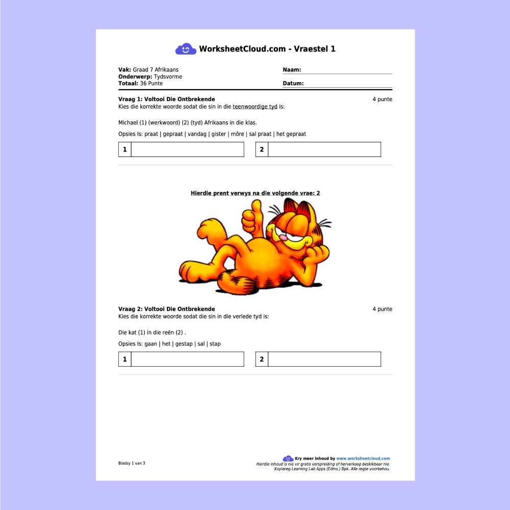 Grade 7 Afrikaans Pack WorksheetCloud