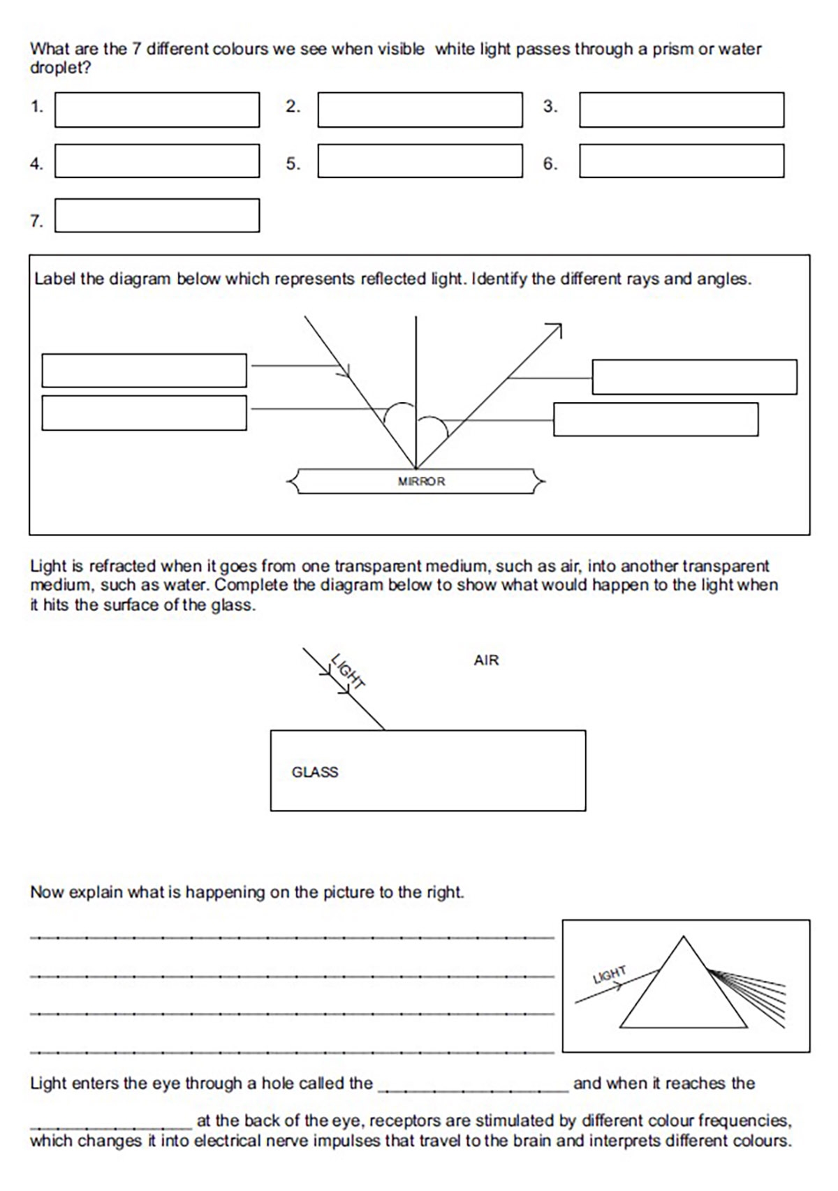GRADE 8 SCIENCE LIGHT REVISION WORKSHEET