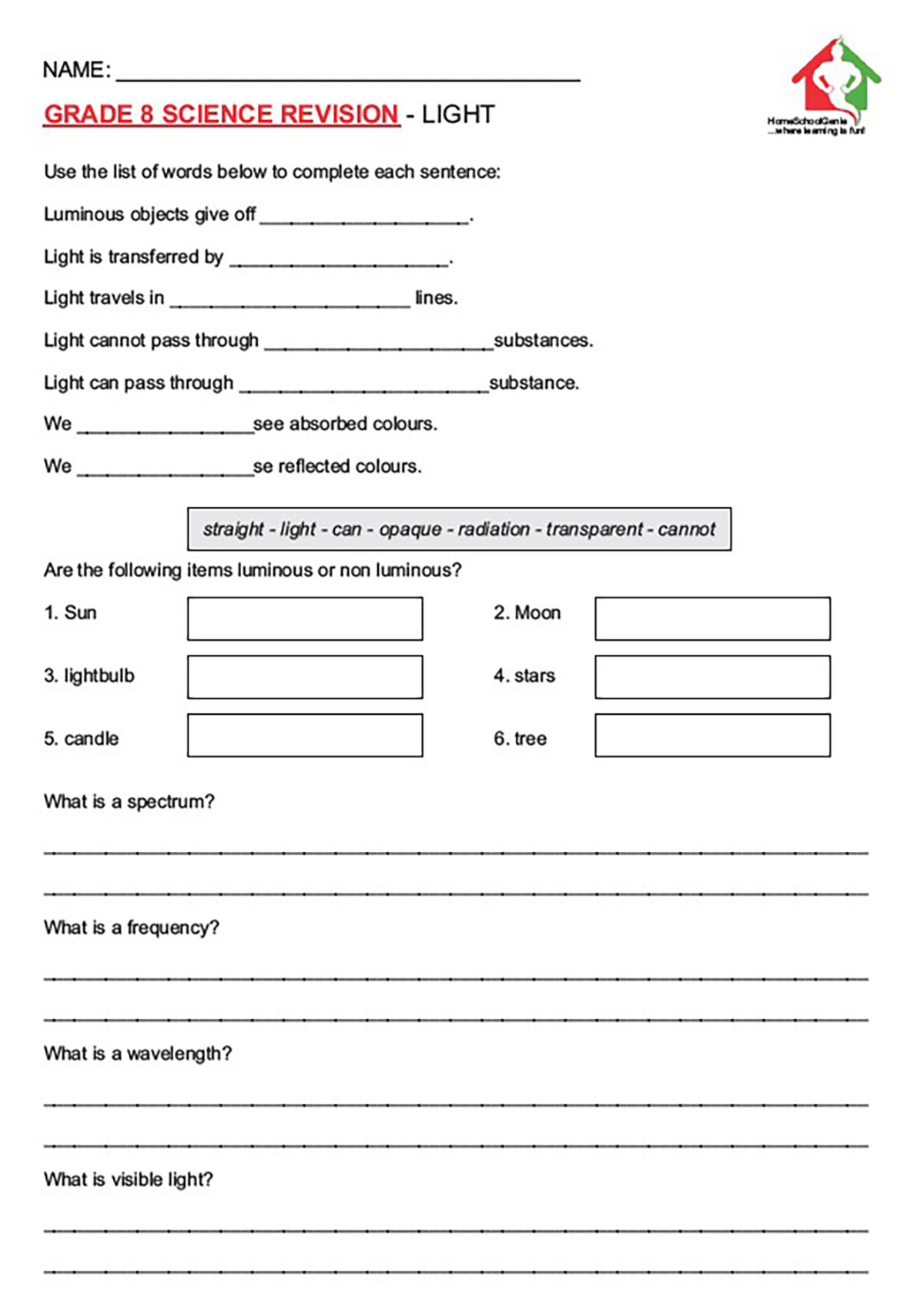 GRADE 8 SCIENCE LIGHT REVISION WORKSHEET