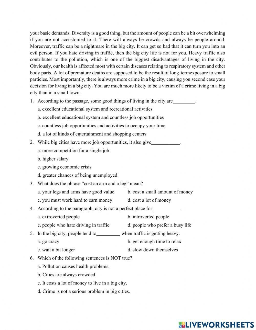 Grade 9 City Life Reading Comprehension Worksheet Live Worksheets Library