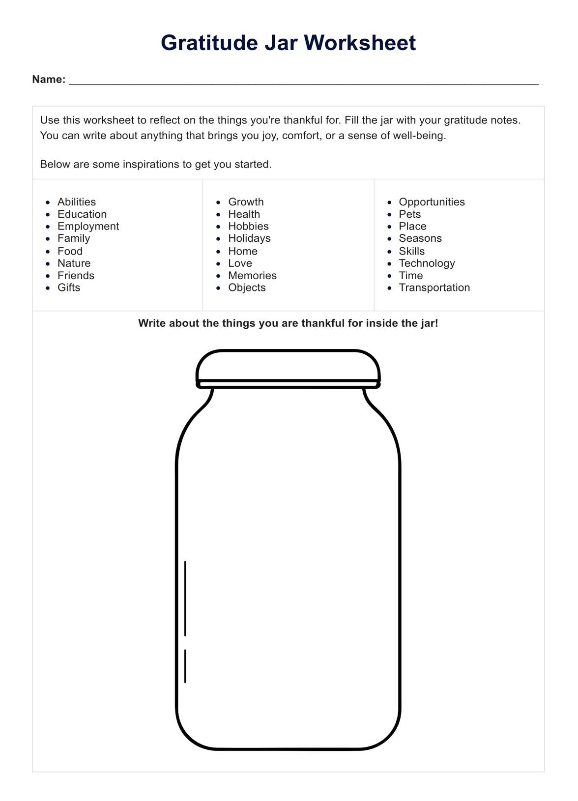 Gratitude Jar Worksheet U0026 Example Free PDF Download