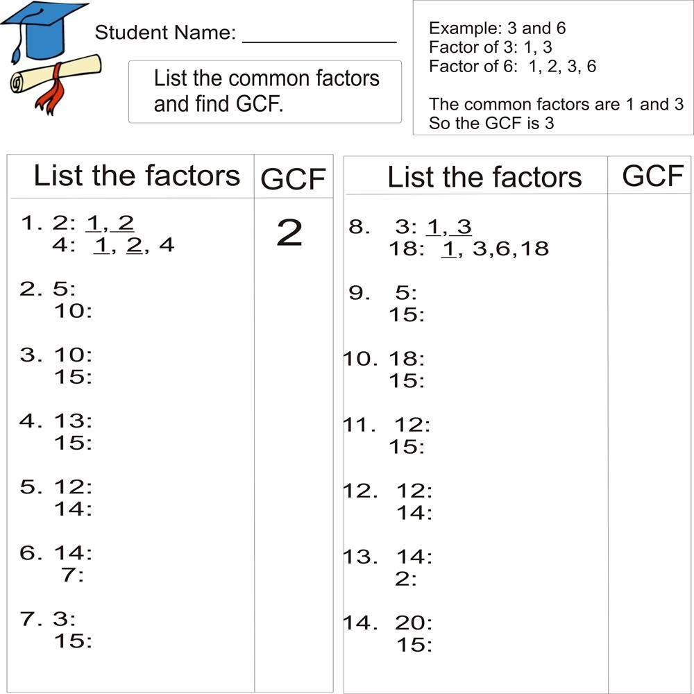 Free Printable Greatest Common Factor Worksheets