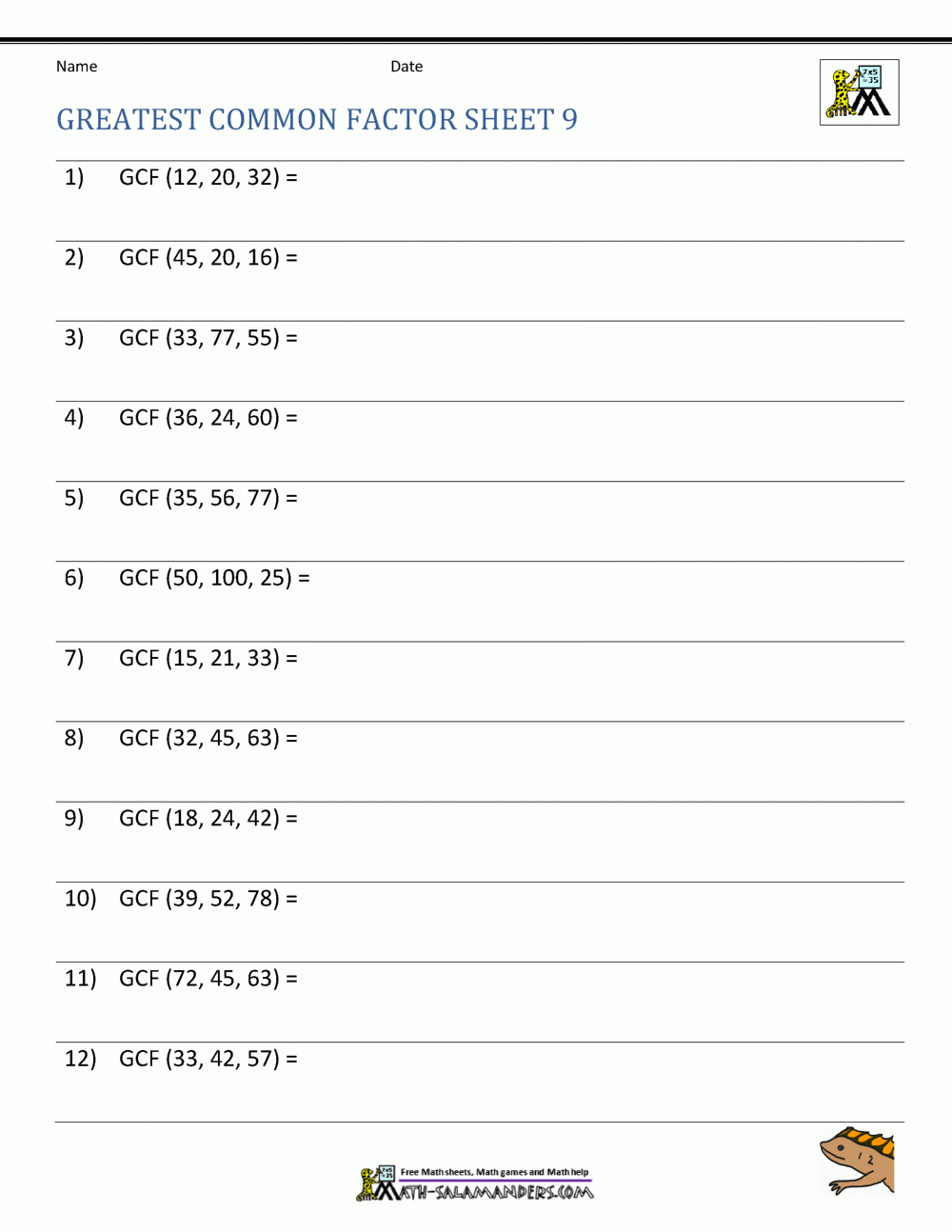 Greatest Common Factor Worksheet Page